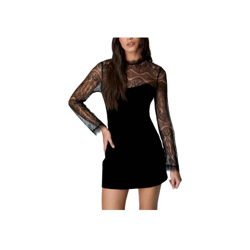 NASTY GAL Вельвет Кружево Рукав Структурированное Мини Платье Длинное Рукавное Платье Женское Черное