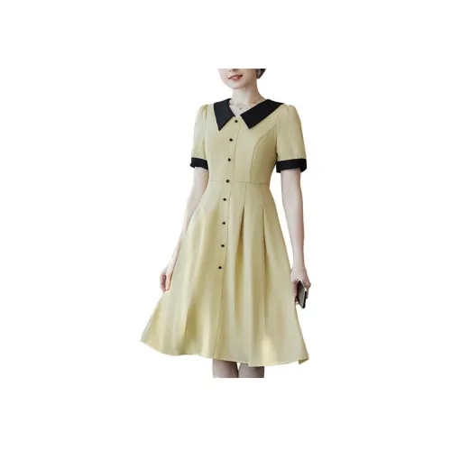 Luxury Short-sleeved Dress Women's Yellow Black Роскошное короткое платье с короткими рукавами женское желтое и черное
