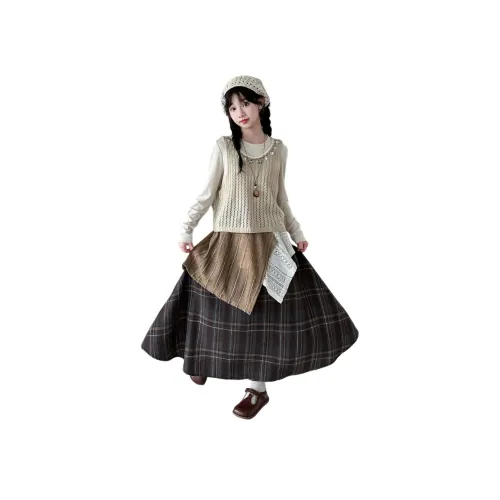 YUGUOGUO Одежда Комплекты Абрикосовый жилет + Абрикосовый базовый слой + Клетчатое платье школьного возраста Комплекты с юбкой