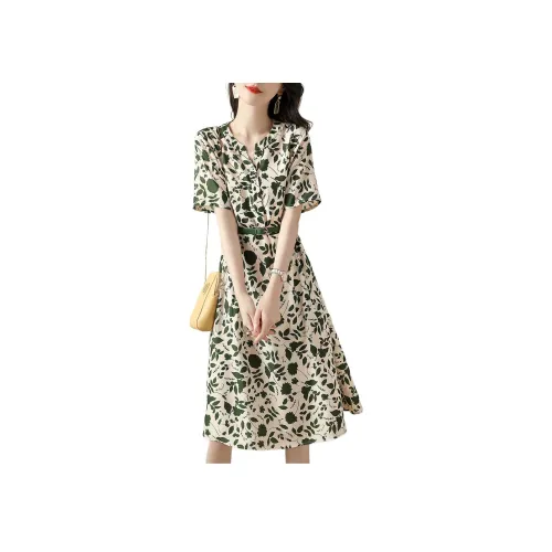 Бежевый с зеленым принтом, женские, короткие, с короткими рукавами, платья