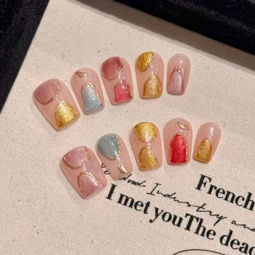 Yun Yue Joe GOLDEN GLOW Дофаминовая одежда Dreamy Multicolor False Nail Short LADDER Cat Eye 15mm