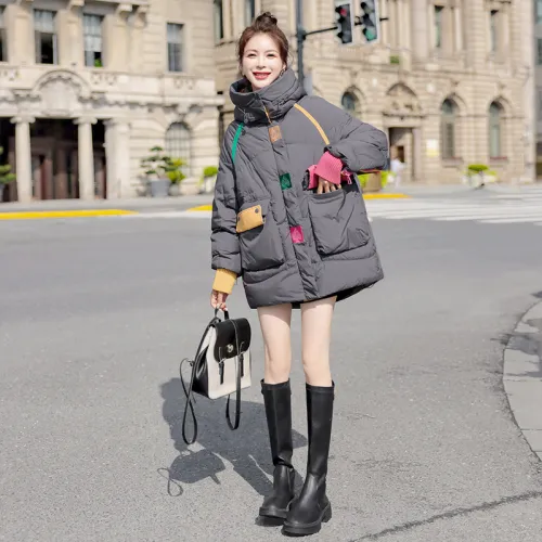 SIBAISHE Пуховик Женские Темно-серый и Светло-оранжевый