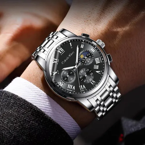 CALORIC KIEN Кварцевый механизм ремешок из нержавеющей стали мужские часы черный циферблат