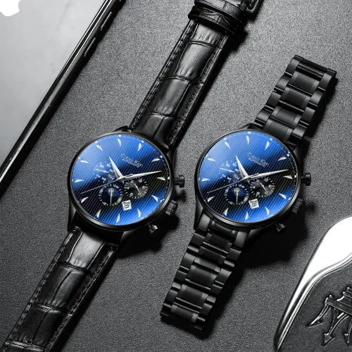 CALORIC KIEN Механический механизм ремешок из нержавеющей стали черный циферблат мужские часы