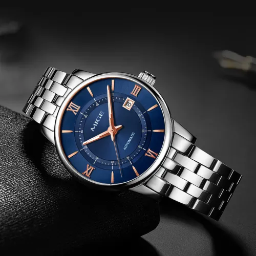 MIGE Механический механизм ремешок из нержавеющей стали мужские часы синий циферблат