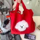 Красный, вышивка, щенок, сумка для покупок