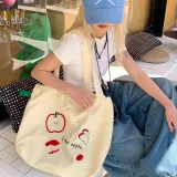 Экрю, вышивка, яблоко, сумка для покупок