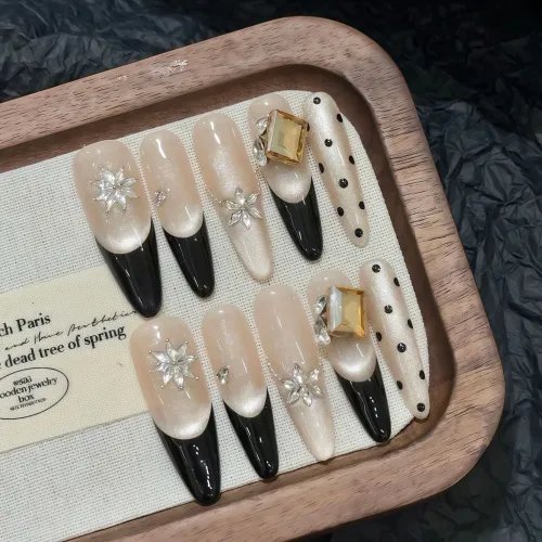 KDOW Французский Flashing Французский Кошачий глаз Премиум Съемный Handcrafted False Nail Длинный Черный Румяна Stain Стиль Инстаграм