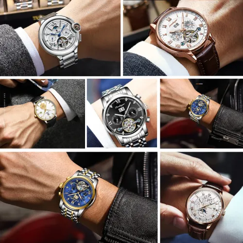 POEDAGAR Механический механизм ремешок из нержавеющей стали черный циферблат мужские часы