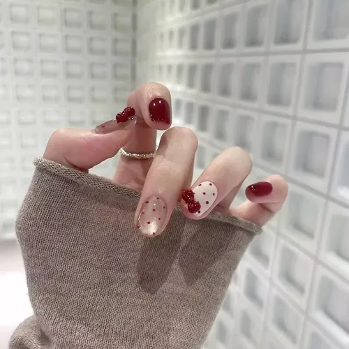 T Z Maple Red Polka Dot Cat Eye Cropped False Nail Short Ballet Nude Solid Color Instagram Style