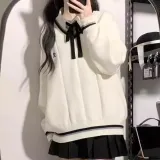 Белый свитер + белая рубашка + черная юбка с оборками [трехкомпонентный комплект]