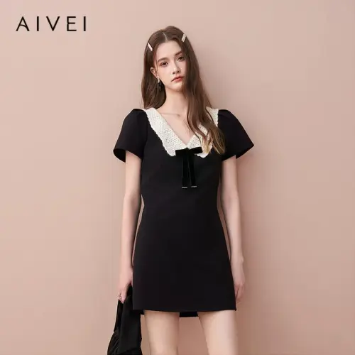 AIVEI Черное Женское Короткое Платье с Рукавами
